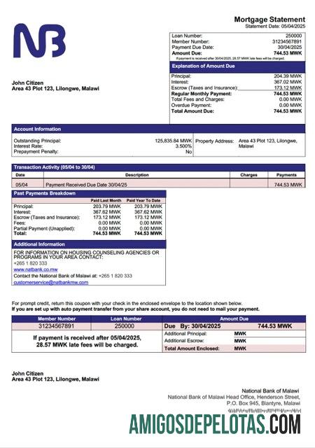 para download Modelo Word e PDF de declaração de hipoteca do Banco Nacional do Malawi